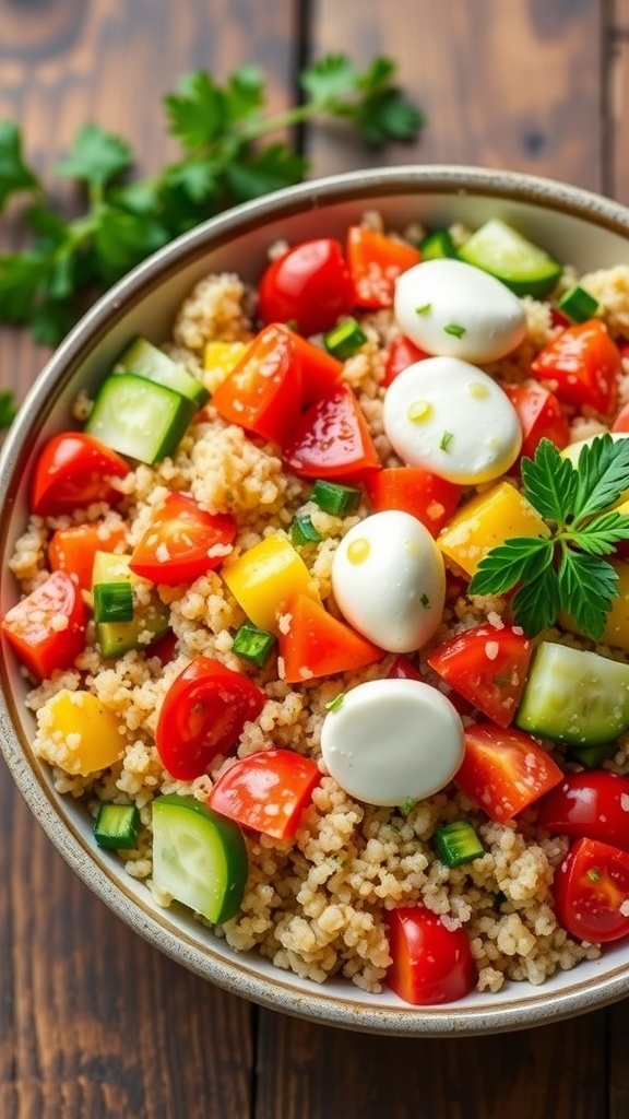 A colorful Mediterranean quinoa salad with tomatoes, cucumber, bell peppers, and mozzarella, garnished with parsley.